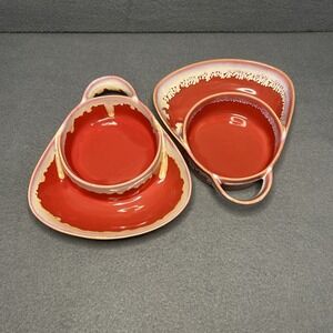 Vintage LTD Commodities Stoneware Drip Glaze Soup Cracker Bowl Chip Dip Set Red